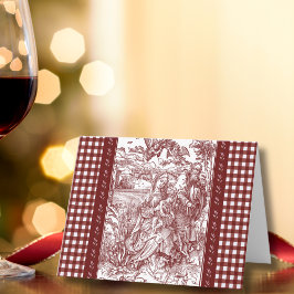 Holy Family in Burgundy Toile Gingham Christmas Tack Kort