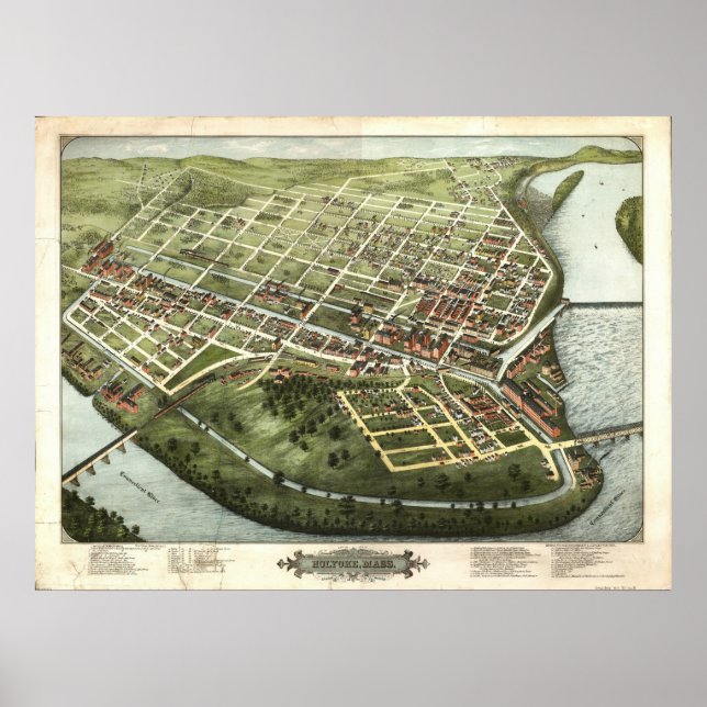 Holyoke Massachusetts 1877 Antique Panoramic Karta Poster (Framsidan)