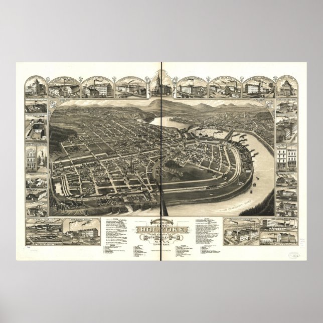 Holyoke Massachusetts 1881 Antique Panoramic Karta Poster (Framsidan)