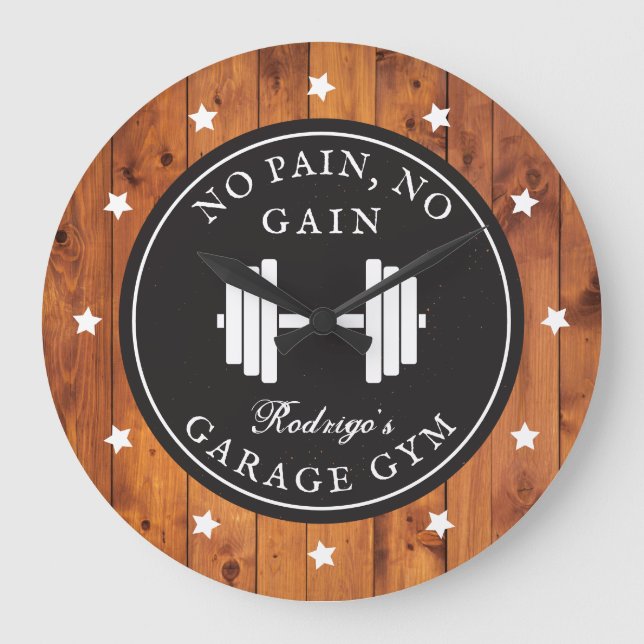 Home Gym Weightlift Workout Rustic Wood Namn Stor Klocka (Framsida)