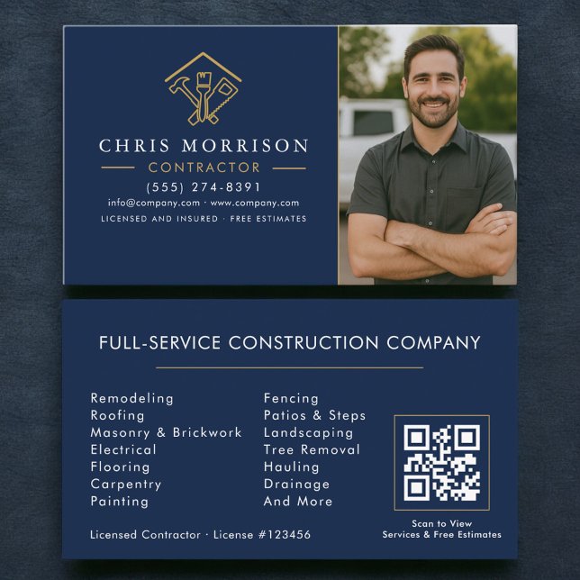 Home Improvement QR Code Photo Navy Blue Gold Visitkort (Skapare uppladdad)