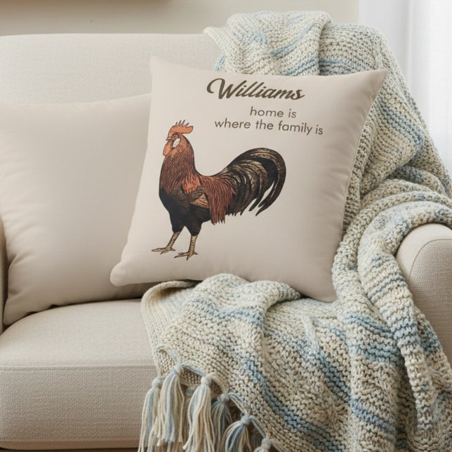 Home Is Where Family Is Rooster Decorative Pillow Kudde (Home is where the family is! Personalized decorative pillow decorated with a rooster illustration 🏠)