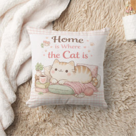 Home is Where The Cat Is Cute Kitty Pink Gingham Kudde