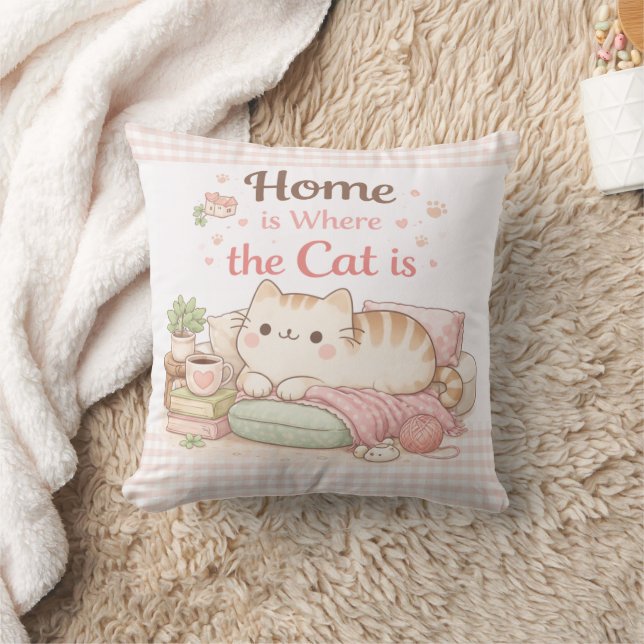 Home is Where The Cat Is Cute Kitty Pink Gingham Kudde (Filt)