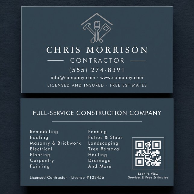 Home Repairs Contractor Blue Silver QR Code Visitkort (Skapare uppladdad)