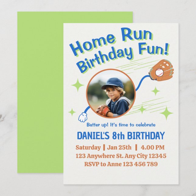 Home Run Baseball Birthday Kids Inbjudningar (Fram/baksida)