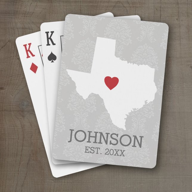 Home State Karta Art - eget namn Texas Kortlek (Personalized Playing Cards with a State Map, Movable Heart and Name)