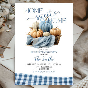 Home Sweet Home Blue Gingham Pumpkin Houseuppvärmn Inbjudningar