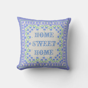 Home Sweet Home Blue Periwinkles Blommigt Faux Lin Kudde
