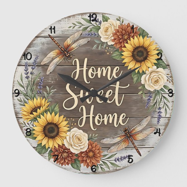 Home Sweet Home Dragonfly Floral Stor Klocka (Framsida)