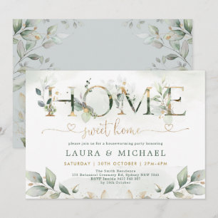 Home Sweet Home Greenery Guld Houseuppvärmning Par Inbjudningar