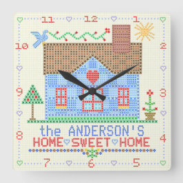 Home Sweet Home Kor Stitch House | Familj Namn Fyrkantig Klocka