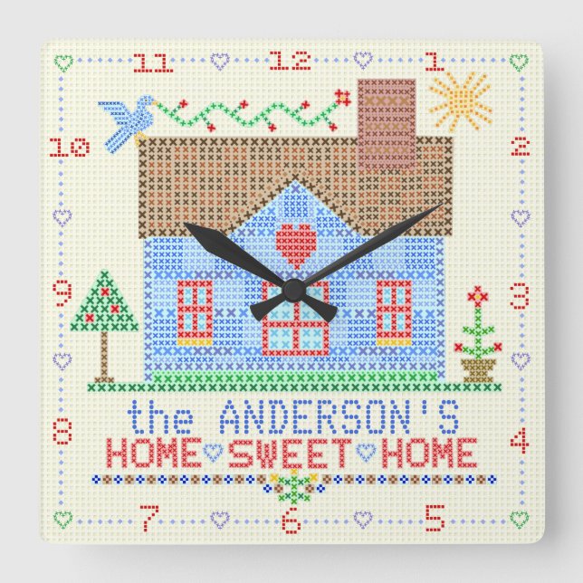 Home Sweet Home Kor Stitch House | Familj Namn Fyrkantig Klocka (Framsida)