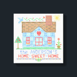 Home Sweet Home Kor Stitch House Personlig Canvastryck<br><div class="desc">Denna land-huskonstruktion i personlig görs för att likna en broderiliknande sembroderiliknande vintage kor. Det visar ett blått hus av "x" med en fågel, sol och många hjärtan och blommor i samma stil. Bakgrunden är beige med en lätt kontroll att mönster ser ut som broderier. Om du vill anpassa dig skriver...</div>