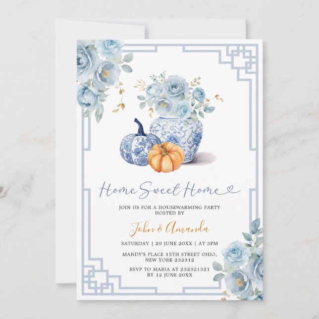 Home Sweet Home Pumpkin Blue Peony Chinoiserie Bur Inbjudningar (Framsida)