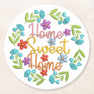 Home Sweet Home Quote Bevackra Färg Flowers Underlägg Papper Rund