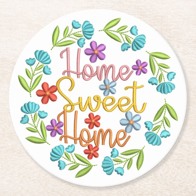 Home Sweet Home Quote Bevackra Färg Flowers Underlägg Papper Rund (Framsidan)