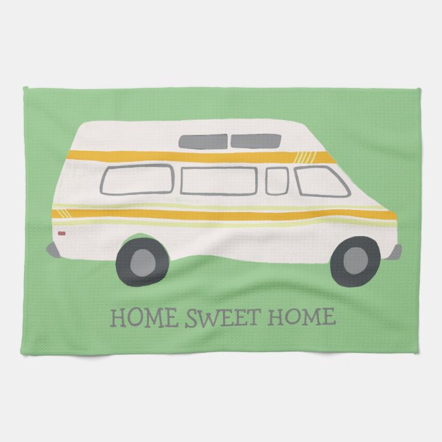 HOME SWEET HOME Retro Campervan Motorhome RV grönt Kökshandduk (Horisontell)