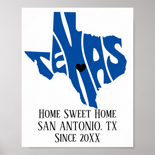 Home Sweet Home San Antonio Texas Blue State Karta Poster (Framsidan)