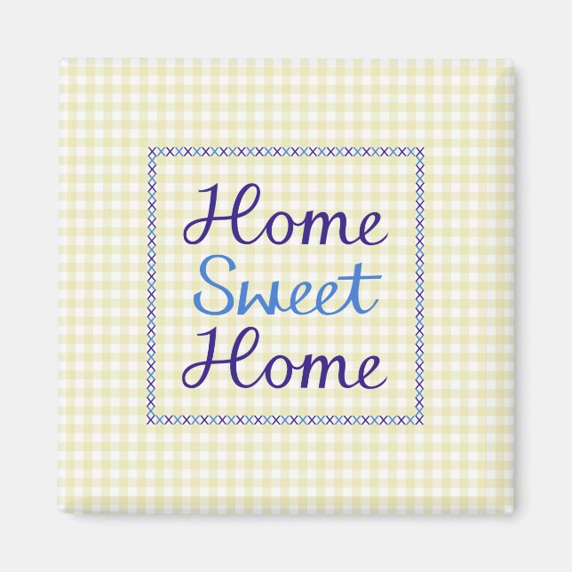 Home Sweet Home Script i Blues på Gult Gingham Magnet (Framsidan)