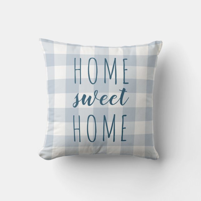 Home Sweet Home Slate Blue and White Gingham Kudde (Framsida)