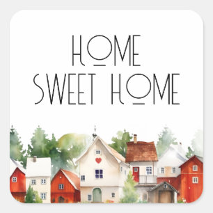 Home Sweet Home Watercolor House Fyrkantigt Klistermärke