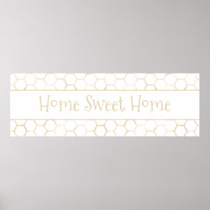 Home Sweet Home White Guld Hexagon Beehive Mönster Poster