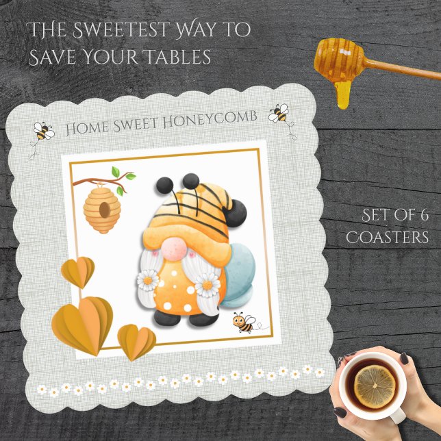 Home Sweet Honeycomb Bee Gnome Coaster Set Underlägg Papper (Protect your furniture and bring a buzz of joy to your home with this adorable Bee Gnome Coaster)