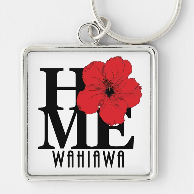 HOME Wahiawa Red Hibiscus Fyrkantig Silverfärgad Nyckelring (Framsidan)