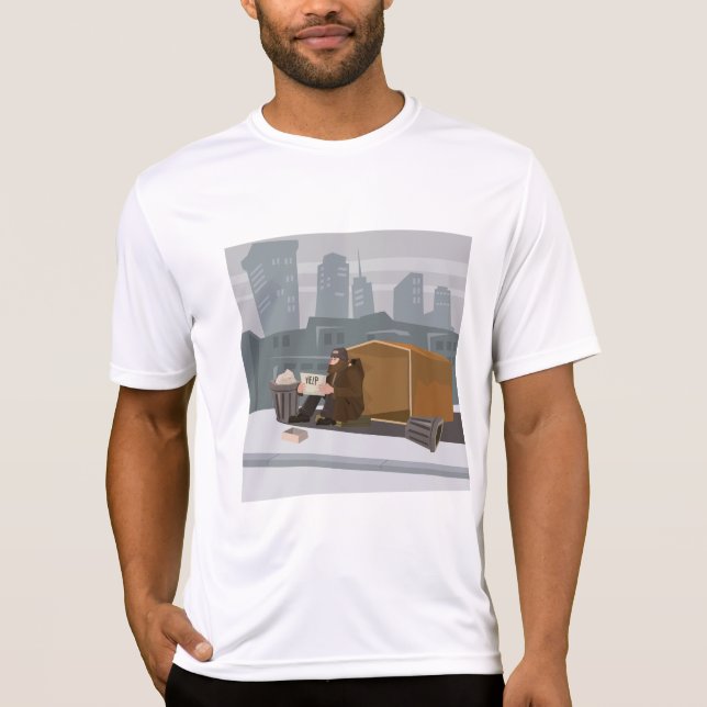 Homeless Man Holding Help Sign Urban Poverty T Shirt (Framsida)