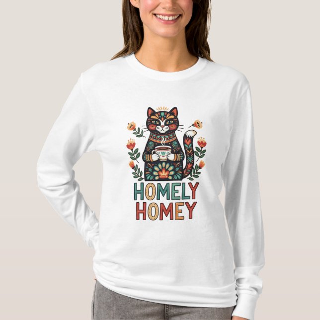 Homely Homey mysigt kattdesign T Shirt (Framsida)