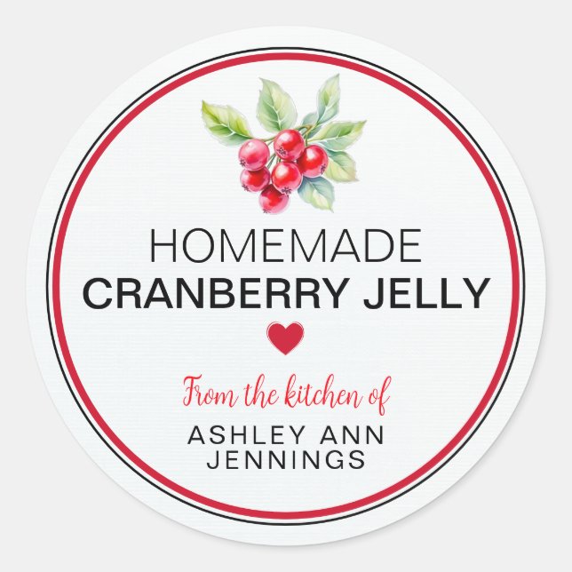 Homemade Cranberry Jelly Label | Holiday Canning Runt Klistermärke (Framsida)