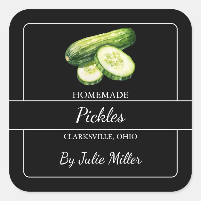 Homemade Cucumber Pickles Square - etikett svart (Framsida)