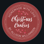 Homemade jul Cranberry Cookies Red Runt Klistermärke<br><div class="desc">Rustiska och moderna hemmade bakade varor-dekaler med texten som är hemgjord med kärlek, julkakor och ditt namn i osvart, handskrivet manusjografi och modern typografi på en röd bakgrund med en snyggt av kranbärssprickor. Lägg bara till ditt namn och produkten namn på etiketten. Enbart designad för dig av Lycklig Dolphin Studio....</div>