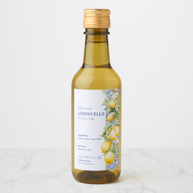 Homemade Limoncello Italian Blue Tile Floral Lemon Vinetikett (Framsida)