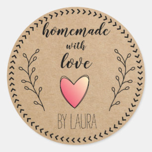 Homemade med Kärlek Heart Kraft Papper Customize Runt Klistermärke
