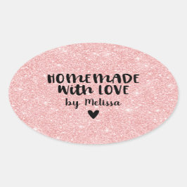 Homemade med Kärlek Rosa Glitter Heart-märkning Ovalt Klistermärke
