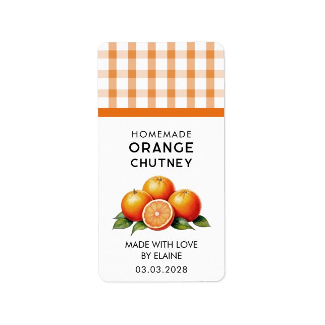 Homemade orange Chutney med utcheckad mönster Adressetikett (Framsidan)