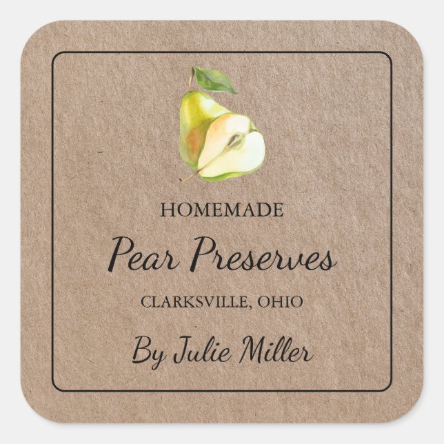 Homemade Pear Preserve Square Kraft Papper etikett (Framsida)