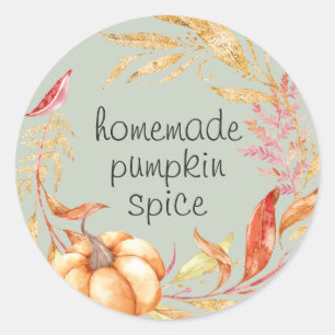 Homemade Pumpkin Spice Watercolor Foliage Grönt Runt Klistermärke