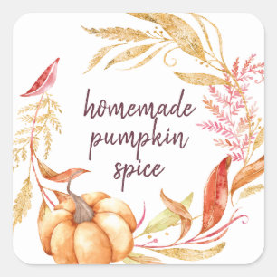 Homemade Pumpkin Spice Watercolor Foliage Label Fyrkantigt Klistermärke