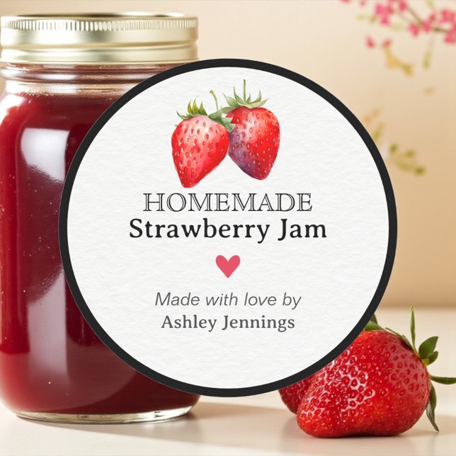 Homemade Strawberry Jam Label | Custom Sticker Runt Klistermärke (Homemade strawberry jam label with watercolor strawberries)