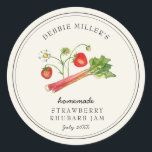Homemade Strawberry Rhubarb Sylt burk Runt Klistermärke<br><div class="desc">Elegant,  enkelt färgad vattenfärg vintage stil jordgubbsrhubarb sylt burk på benvit bakgrund. Använda för ditt hememade sylt eller vad du vill. Gör underbar gåva. Fyll i informationen på etiketten och njut.</div>