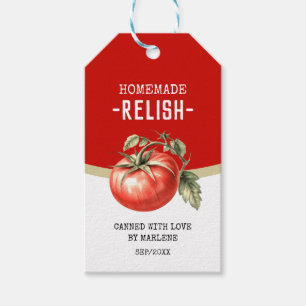 Homemade tomatrelik med röd tomat presentetikett