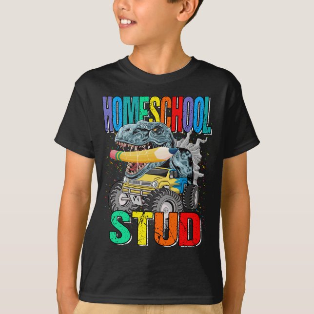 Homeschool Stud Monster Lastbil Dinosaur T Shirt (Framsida)