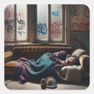 Homless Man Sleeping in Abandoned Byggnad Fyrkantigt Klistermärke