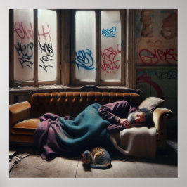Homless Man Sleeping in Abandoned Byggnad Poster
