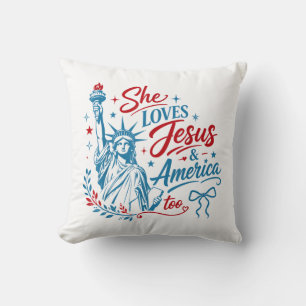 Hon älskar Jesus och Amerika också 4 juli Kristus Kudde