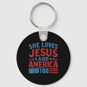 Hon älskar Jesus och Amerika också kristen retro 4 Nyckelring