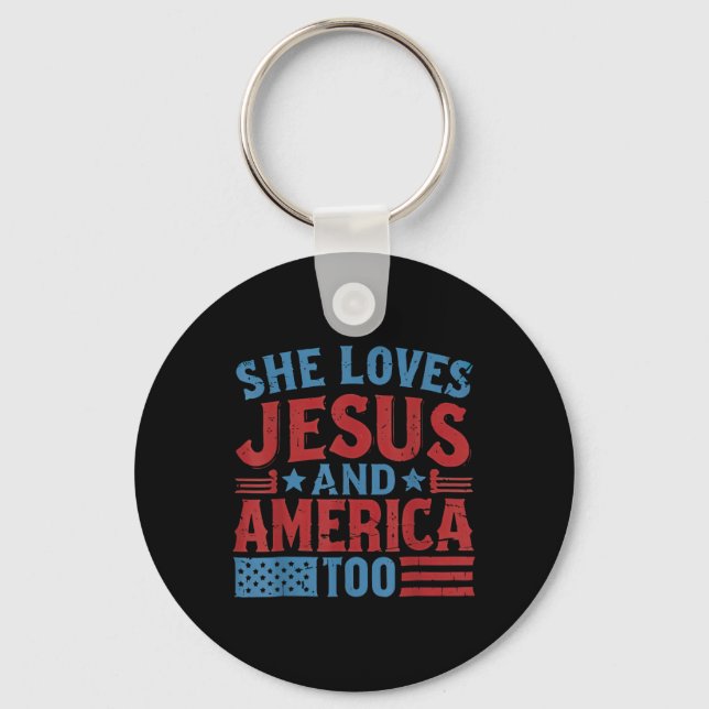 Hon älskar Jesus och Amerika också kristen retro 4 Nyckelring (Framsida)